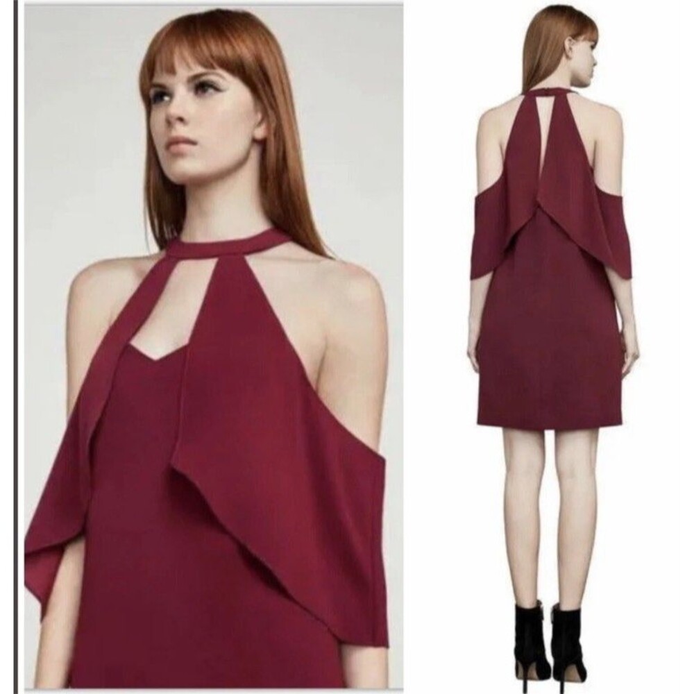 BCBG MAX AZRIA DURAN COLD-SHOULDER HALTER BURGUNDY  DRESS - SZ M NWT